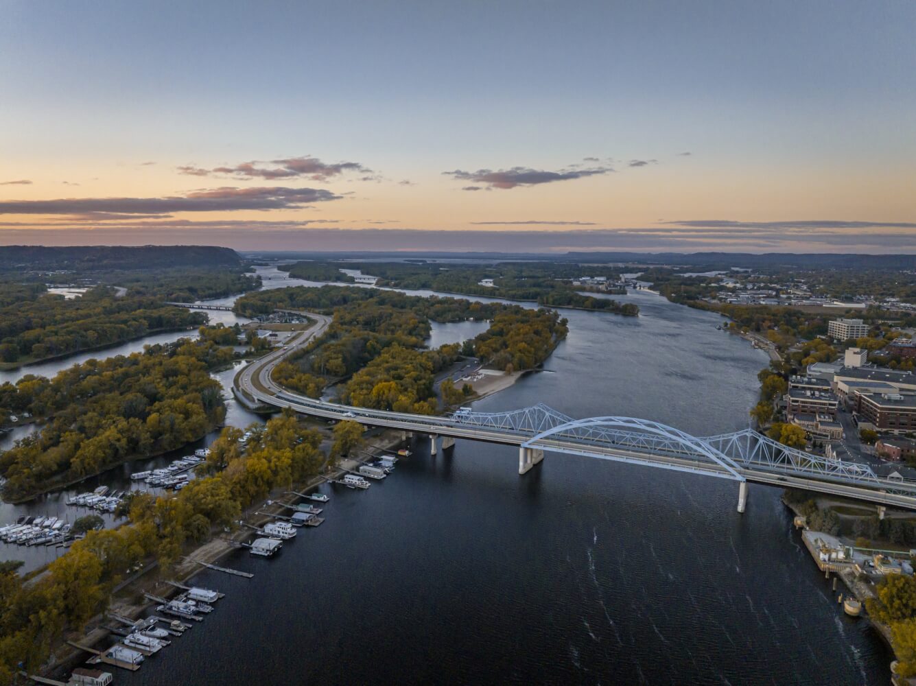 The La Crosse Region aerial shot from a drone of the blue bridge during the fall